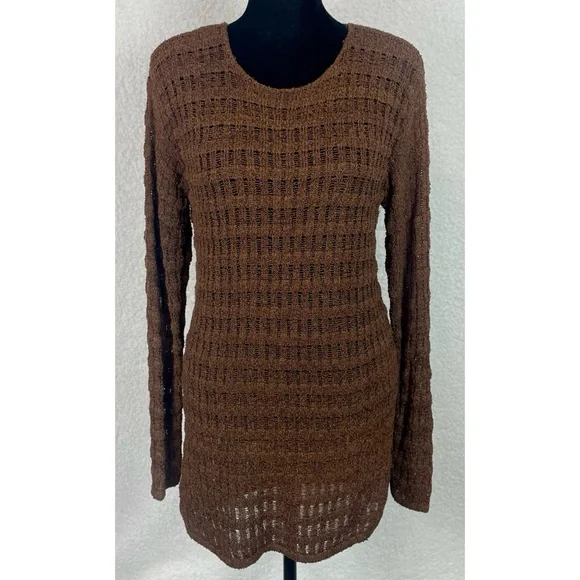 (VTG) JH COLLECTIBLES • Brown Open Knit Scoop-Neck Long Sleeve Sweater, S - Picture 9 of 11